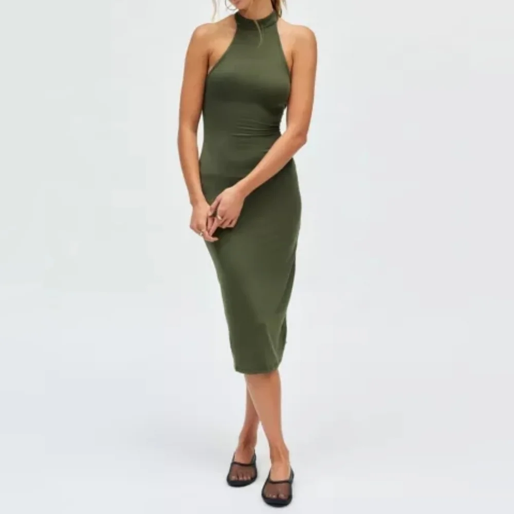 Silence + Noise Kaley Mock Neck Open Back Halter Midi Dress, Olive Green